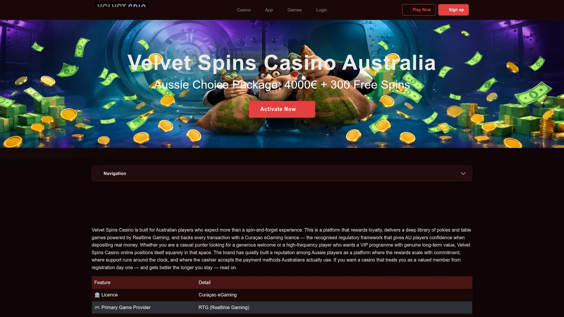 Velvet Spins Casino desktop view